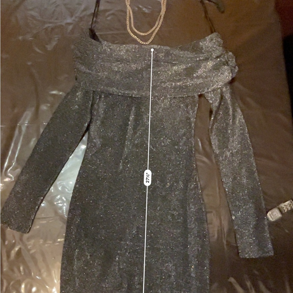 Sparkly off the shoulder long sleeve black/grey/silver dress